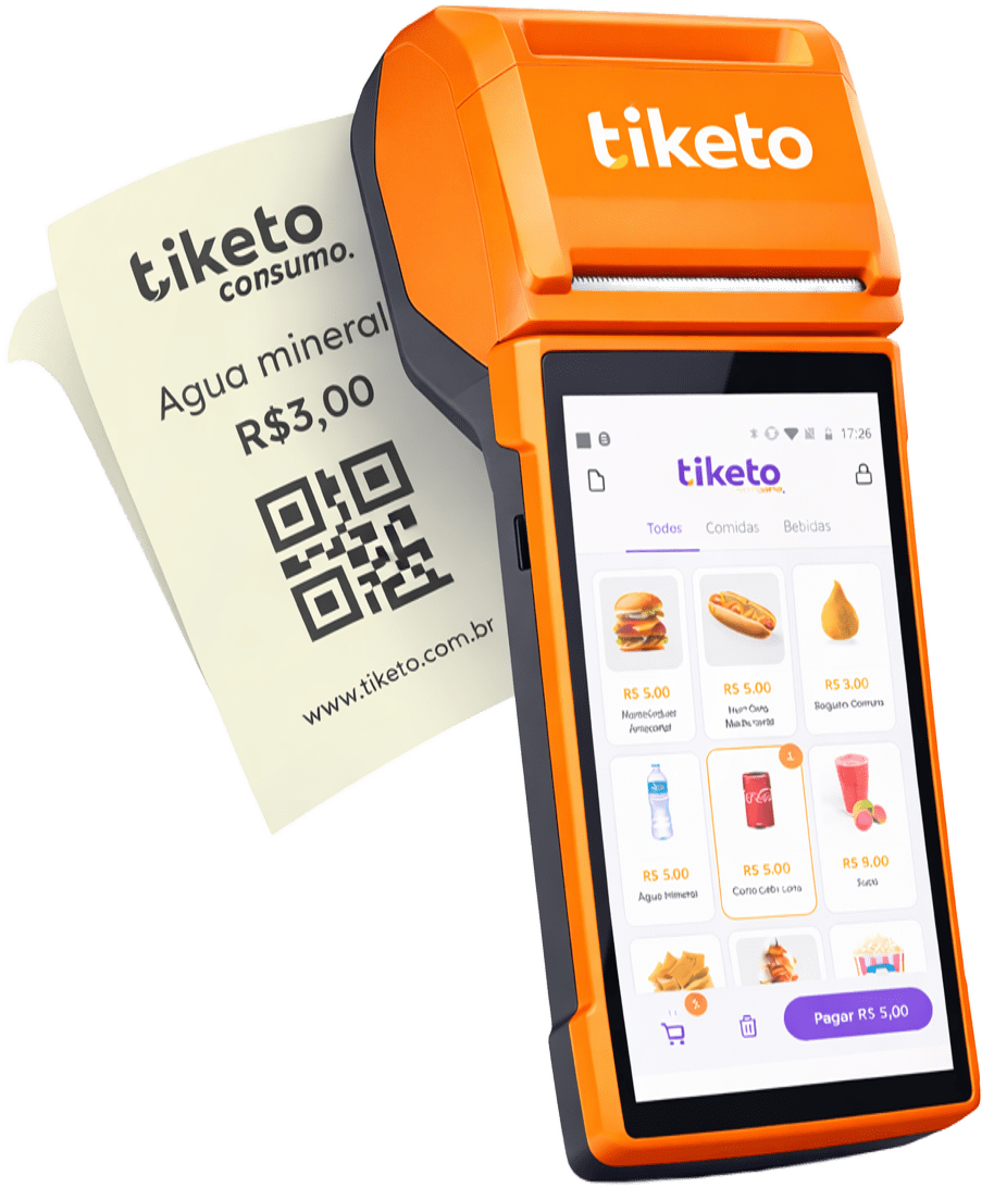 Sistema de venda de fichas Tiketo com impressora de ficha de consumo integrada na maquininha